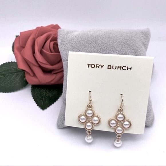 New Tory Burch Gold Four Pearl French Wire Dangle Earrings - Picture 4 of 8